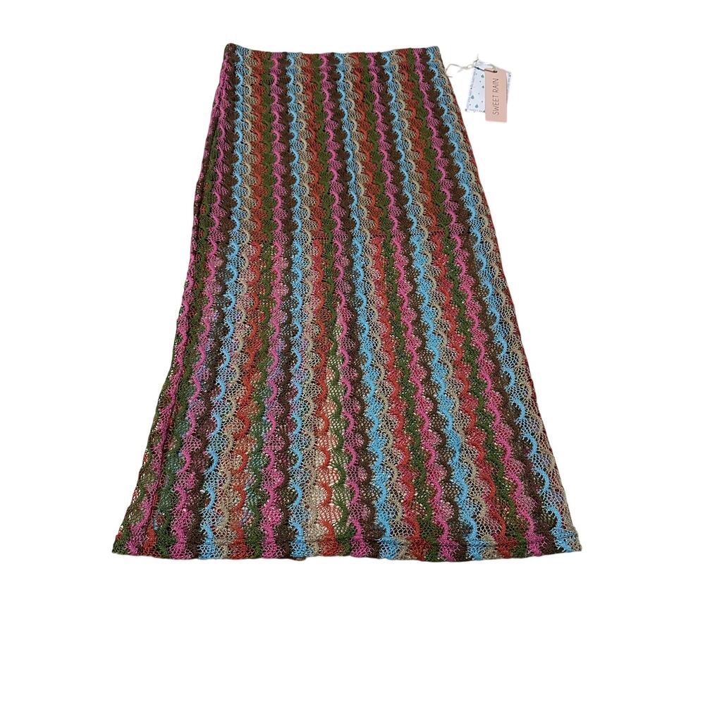 NWT Sweet Rain Multicolor Crochet Knit Maxi Skirt Lined Slit Boho Festival Med